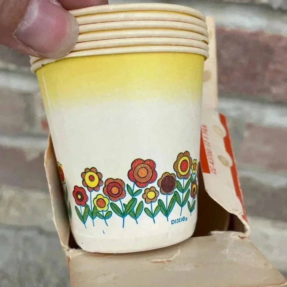 Vintage 1976 Dixie Cups MCM Retro 70s Floral Flowers Hippie 3 oz Bathroom - Picture 6 of 8